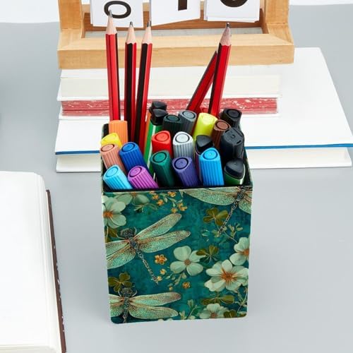Dragonfly Pen Holder for Desk Decor, Rectangular PVC Leather Pencil Cup for Desk Pen Organizer, Makeup Brush Holder for School, Home, Office