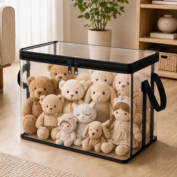 Stuffed Storage PVC Organizer Bag Doll Storage Container, Clear PVC Storage Bins with Handles, Stuffed Animal Storage Bag, Playroom Storage Toy Organizers and Storage Box for Dolls