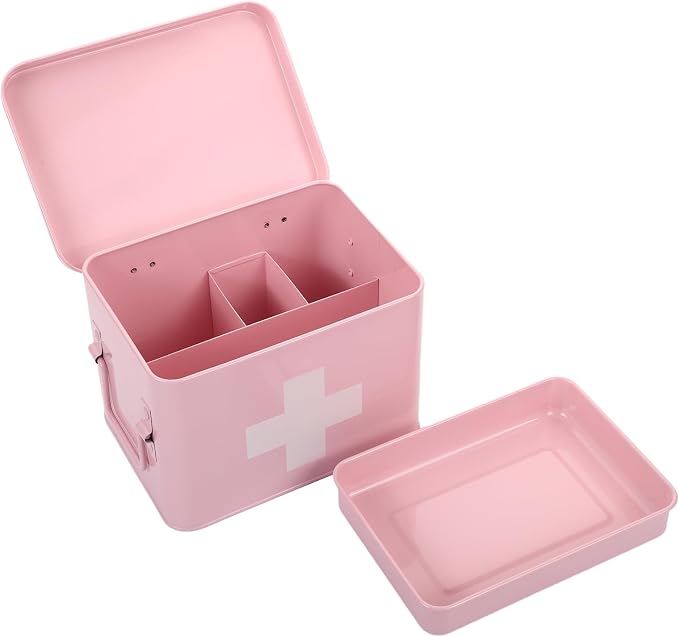 Lassos Boutique Retro Enameled First Aid Box for Medicine Storage and Home Decor with Lid and Removable Tray (Pink/White)