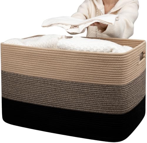 OIAHOMY 118L Extra Large Blanket Basket Cotton Rope Storage Basket Black | 25" x 17" x 16", Rectangular Baskets Living Room,Used for storing Dirty Clothes, Stuffed Animal Toy Storage for Nursery Brown