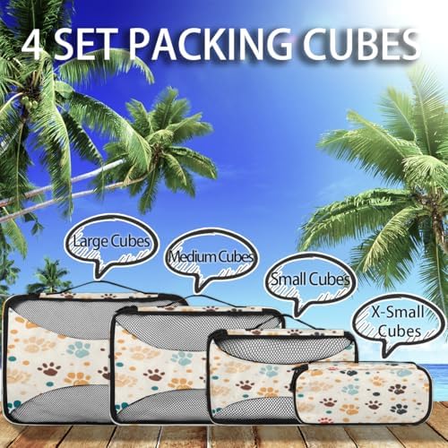 Dog Paw Print 4 Set Packing Cubes Luggage Organizer Bags for Travel Accessories and Essentials, Cute