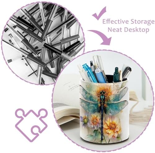 Faux Leather Pen Holder for Desk, Pencil Organizer Dragonfly Pen Cup Desk Decor Makeup Brush Holder Storage for Office Home