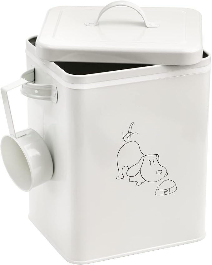 SOUJOY Pet Treat and Food Storage Bin with Lid and Scoop, 5LBS White Vintage Farmhouse Storage Tin, Coated Carbon Steel Canister, Gift for Dogs Owners