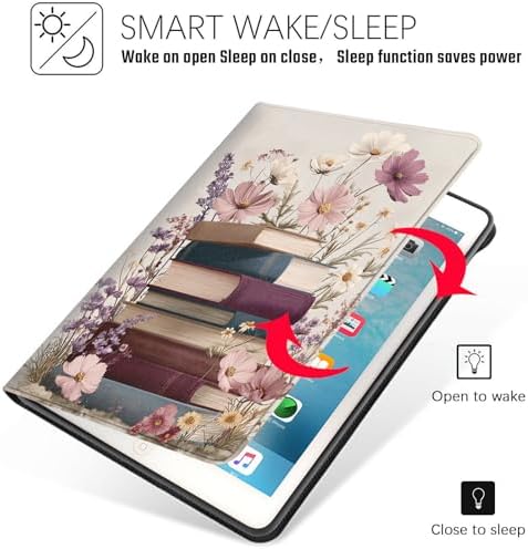Tablet Case for iPad 10.2 Inch (9th/8th/7th Gen),Shockproof Protective Cover with Stand,Auto Wake/Sleep,Auto Wake/Sleep,Books and Flowers