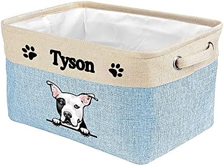 Personalized Fabric Dog Toy Storage Basket with My Love Dog Pit Bull Collapsible Sturdy Fabric Pet Toys Storage Bin Cube with Handles for Organizing, Blue amd White