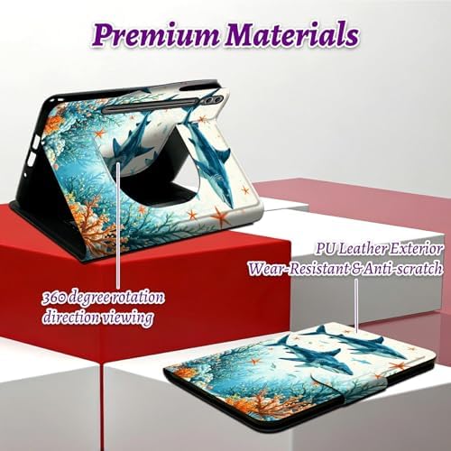 Rotating Handle Case for Samsung Galaxy Tab S10+ Plus 2024/S9 FE+ Plus/S9+ Plus 12.4" 2023, 360 Degree Swivel Kickstand with Magnetic Closure Leather Protective Cover, Tuna Under the Sea
