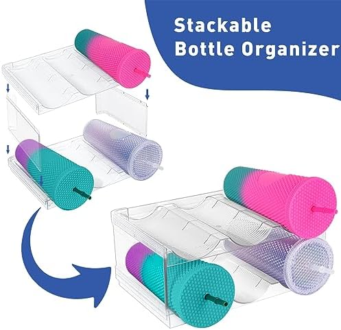 Stackable Water Bottle Organizer for Cabinet, Plastic Bottle Holder Designed for Starbucks Studded Tumblers up to 40oz, Plastic Cup Holder&Wine Rack for Pantry,Cupboard- 2 Layers Hold 6 Bottles
