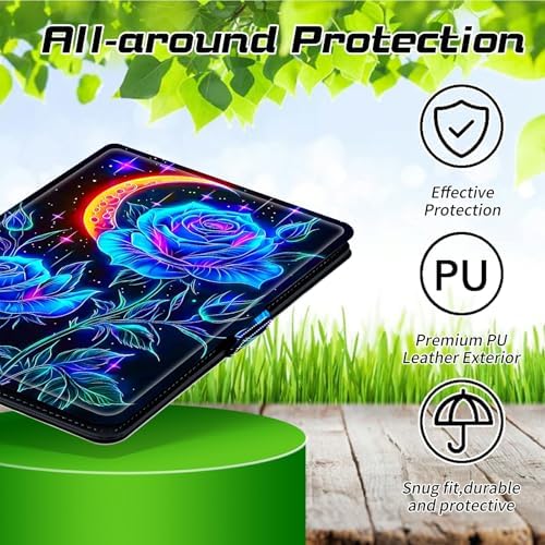 Universal Tablet Case for T-Mobile Revvl Tab 2 10.1" 2025/Revvl Tab 5G 10.36" 2023, 360 Degree Rotating Kickstand Protective Stand PU Leather Shell Cover for 9"-10.5", Blue Rose Moon