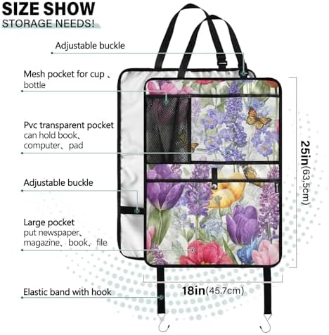 2 Pack Back Seat Car Organizer with Storage Pockets Kick Mats Back Seat Protector Hanging Car Organizer Automotive Seat Back Cover Organizers Tulips Lavenders Purple Butterfly