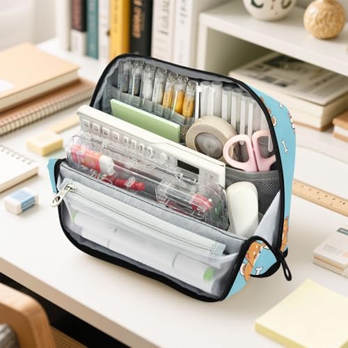 Emelivor Pets Dogs Shiba Blue Print Large Capacity Pencil Case Stand Up Pencil Pouch for School Office Aesthetic Pen Organizer Bag with Pockets Portable Stationery Bag for Kids Adults Boys Girls
