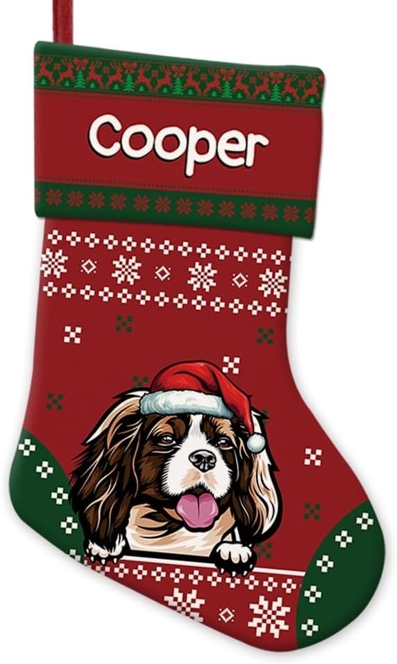 Personalized Christmas Stocking Cavalier King Charles Spaniel Dog Red Christmas Snowflake Xmas Holiday Stocking Fireplace Home Decor 14"
