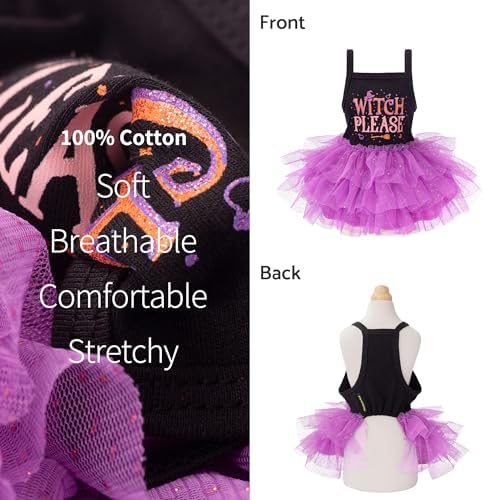 Fitwarm Witch Please Halloween Dog Tutu Dress, Funny Halloween Costumes for Small Girl Dogs, Pet Outfit, Black, Purple, Small