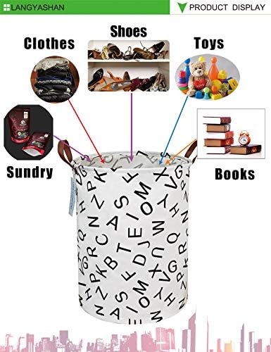 Round Laundry Basket Collapsible Storage Hamper Organizer Alphabet | Waterproof Canvas Foldable Baskets with sturdy Handles Multi-scene Organizer for Home Play Bedroom Gift Bin