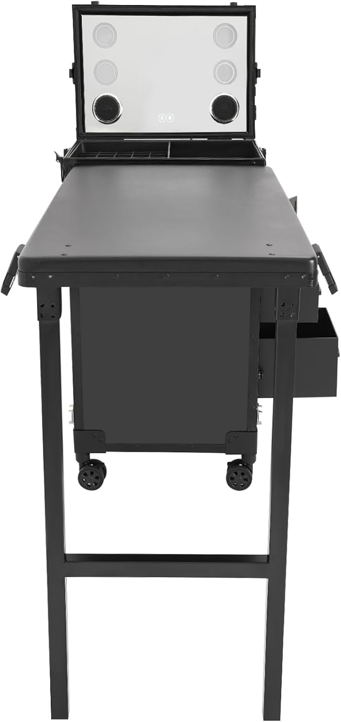Rolling Manicure Desk Makeup Train Case, Foldable Nail Tables, Travel Cosmetic Trolley with Remote Control and Adapter for Hair Stylists, Pet Groomers, Makeup Artists (Black)