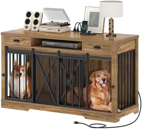 DWVO 63" Double Dog Crate Furniture for 2 Dogs with Charging Station