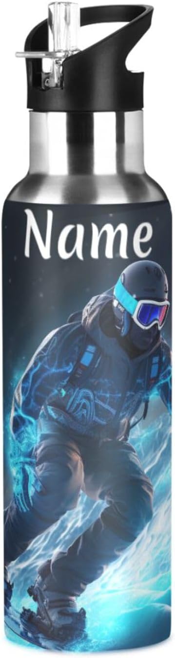 Custom Name Skier Ski Water Bottle with Straw Lid Kids Insulated Stainless Steel Water Flask Sports, 20 Oz Hot Cold