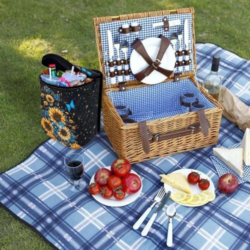 Blue Butterfly Sunflower Print Car Trash Can - Foldable, Automotive Garbage Bin with Leak Proof Hanging Bag