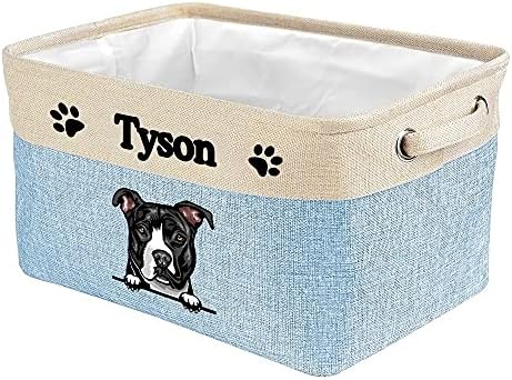 Personalized Storage Basket with Lovely Dog Pit Bull Collapsible Sturdy Fabric Pet Toys Fabric Dog Toy Storage Bin Cube with Handles for Organizing, Blue amd White