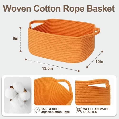Cute Orange Woven Basket, Empty Gift Basket for Christmas, Thanksgiving, Easter, Birthday, Cotton Rope Storage Bin with Handle for Gift, Dog Toy Box, Baby Nursery Organizer, Orange Room Decor