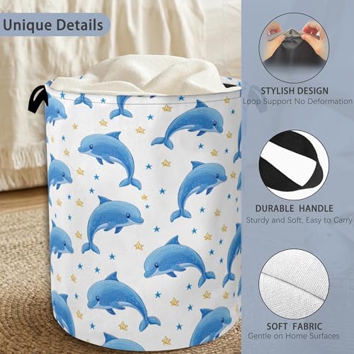 Cute Dolphins Laundry Basket,Stars Foldable Oxford Cloth Tote Bag Laundry Hamper Clothes Storage Bucket Organizer for Bedroom Laundry Storage Dormitories 16" x 20.8"