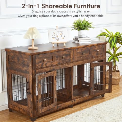 Large Dog Crate Furniture 58" with 2 Drawers & Divider | Heavy-Duty Wood Frame; Detachable Divider; Fits Two Dogs; Sturdy & Chew-Resistant; Easy Assembly; For Living Room Or Bedroom