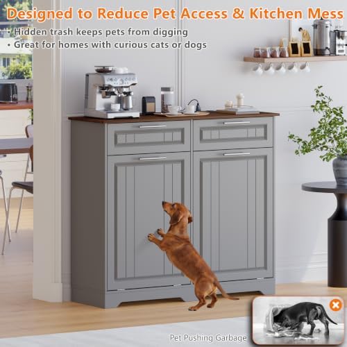 Double 10 Gallon Tilt Out Trash Can Cabinet with Deodorizing Function, Wooden Hidden Garbage Can Holder with Storage Drawers for Kitchen and Dining Room, Laundry Hamper Cabinet for Bathroom, Grey