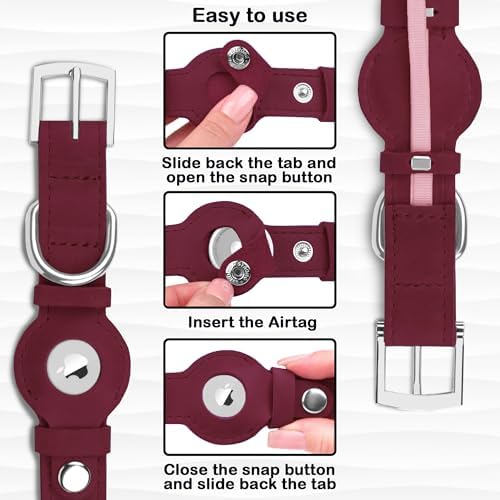 Leather Dog Collar with Airtag Holder - Apple Air Tag Dog Collars - Soft Tracking GPS Pet Collar for Small Medium Large Dogs Breed Puppy (Burgundy, L, 15"-19" Neck Fit)