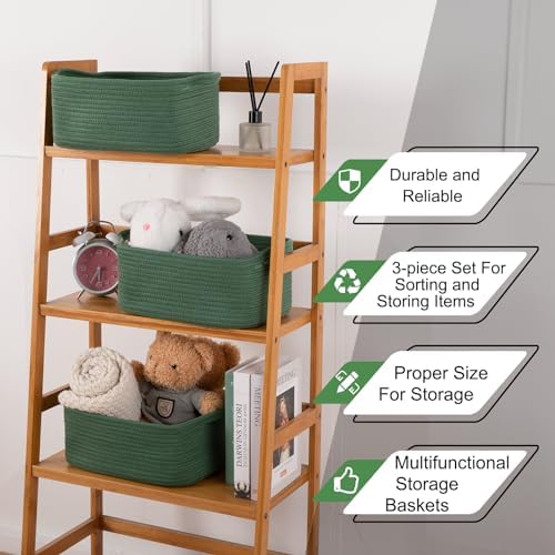 OIAHOMY 3 Pack Storage Baskets for Shelves Cotton Rope Storage Bins Green | Woven Baskets for Storage Nursery Storage Basket with Handles Baskets for Organizing Small Baskets Gift Baskets Empty