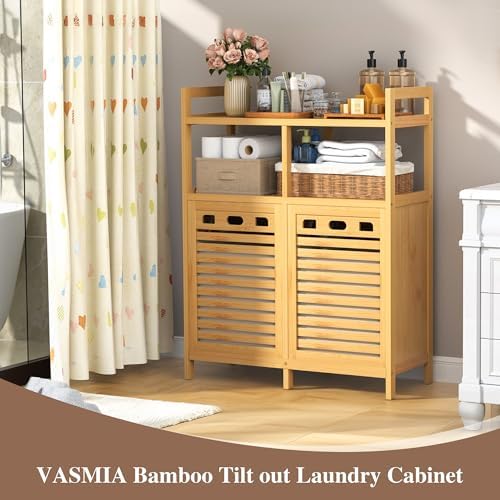 VASMIA Tilt Out Laundry Hamper Cabinet, Bamboo Double Laundry Hamper with 2 Removable Laundry Baskets, 20 Gal Laundry Sorter Organizer with Shelf for Dirty Clothes, Bathroom, Laundry Room, Natural