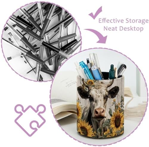 Faux Leather Pen Holder for Desk, Pencil Organizer Sunflower and Cow Pen Cup Desk Decor Makeup Brush Holder Storage for Office Home