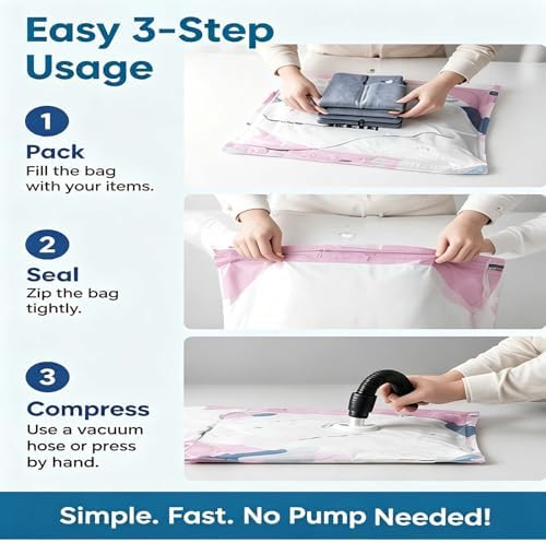 No Pump Vacuum Storage Bags, Heavy Duty Space Saver Compression Bags for Bulky Bedding, Comforters & Clothes, Easy Press and Seal Packing Bags for Closet, Dorm & Travel (4pcsXXL)