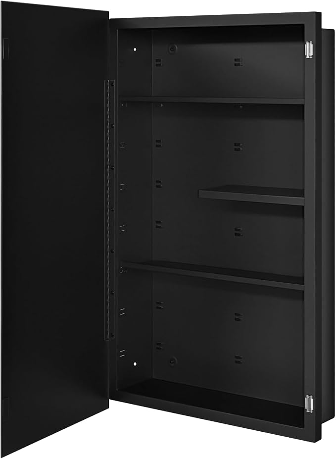 Black Metal Medicine Cabinet, 18 x 30 Beveled Mirror, Recessed Wall Storage | Bathroom Mirror Cabinet with Adjustable Staggered Shelves, Piano Hinge, Left/Right Swing, Fully Assembled, Matte Black Finish