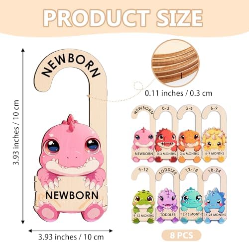 Baby Clothes Dividers for Closet - Wooden Baby Size Closet Dividers Newborn to 24 Months, Unique Dinosaur Design Babies Clothes Organizer for Nursery Decor Gender-Neutral Newborn Hangers (Set of 8)