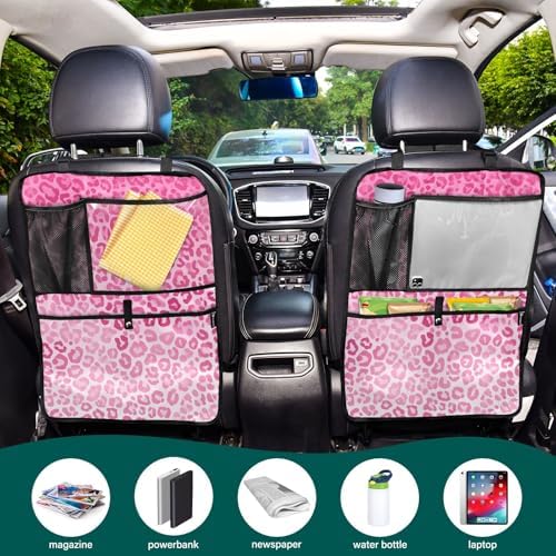 2 Pack Back Seat Car Organizer with Storage Pockets Kick Mats Back Seat Protector Hanging Car Organizer Automotive Seat Back Cover Organizers Gradient Pink Leopard Print