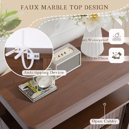 Grepatio Bathroom Floor Cabinet, Fluted Storage Cabinet with Sliding Door & 3 Drawers, Freestanding Cabinets Organizer Storage w/Adjustable Shelf, Faux Marble Top for Bathroom, Kitchen (Brown)