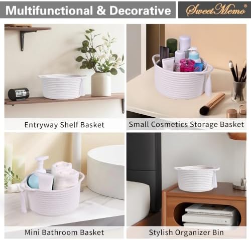 Small Gift Basket Empty to Fill, 2 Pack, Mini Woven Basket White | Cute Decorative Mini Rope Storage Baskets with Cellophane Bags & Ribbons; Two Sizes for Gifting, Bathroom Counter or Desk