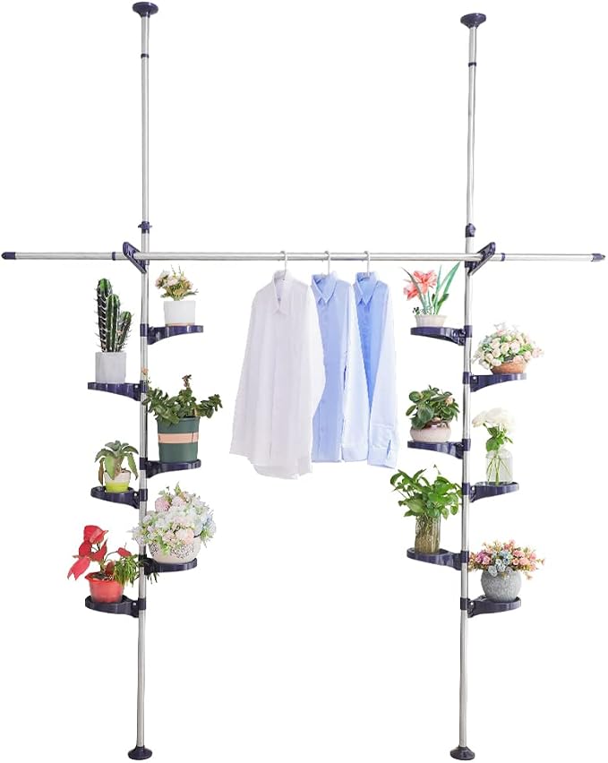 Plant Stand Floor to Ceiling-12 Trays Flower Pot Holder Tension Rod | Indoor Telescopic Navy Blue Display Rack with 2 Hooks & Drying Rod | Adjustable Storage Organizer for Home Garden Decor