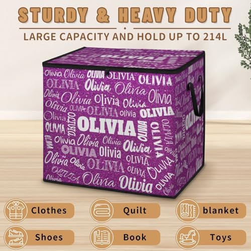 Personalized Name Large Storage Basket with Lid, Canvas Storage Bins Quilt Clothes Organizer for Bedroom, Kitchen, Bathroom, Nursery, Shelves, Closets, Dark Magenta Purple Glittering Bling