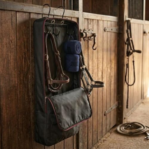Hanging Bridle Bag, Horse Tack Storage with Hooks, Black Red | Hanging bridle bag, horse tack carry case, halter storage organizer, barn equipment container, equestrian travel pack