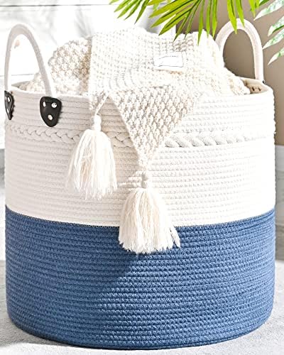 KAKAMAY Large Blanket Basket (18"x18"x16"),Woven Baby Laundry Hamper for Storage, Cotton Rope Blankets Baskets for Nursery, Laundry, Living Room, Pillows, Baby Toy chest with Handles (Navyblue)