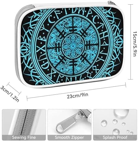 Cute Large Pencil Bag With Zipper Fashion Design Organizer For All Pens Bue Circle Viking Vegvisir Runic Compass