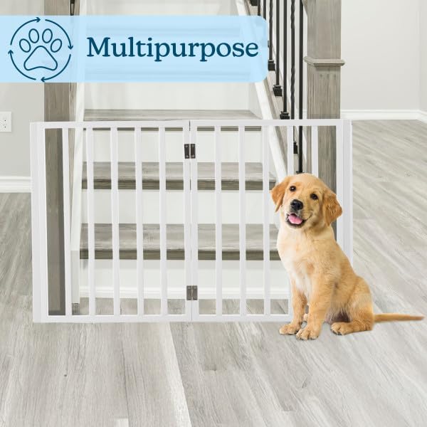 Pet Gate - 4-Panel Indoor Foldable Dog Fence for Stairs, Hallways or Doorways - 72x24-Inch Retractable Wood Freestanding Dog Gates by PETMAKER (White) | Foldable Dog Fence with Accordion Design, Wooden Safety Pet Fence for Stairs, Hallways, Doorways, a...