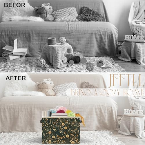 Vintage Boho Wildflower Storage Bins with Handles, Dark Cottagecore Floral Botanical Collapsible Laundry Basket Storage Box for Home Bedroom Bathroom Clothes Toys Books