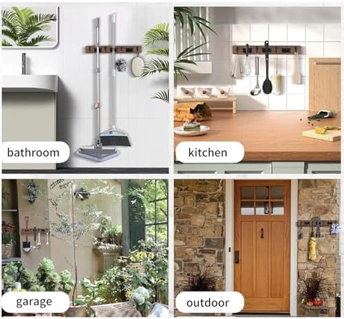 Left Pull Out Broom Holder Wall Mount, Broom and Mop Organizer Wall Hanging for Garage Garden Organize, Rustic Wood Broom Hanger with 4 Slots and 4 Hooks for Home Décor, Kitchen and Closet