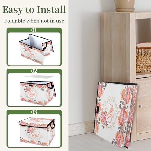 Floral Storage Bin with Lid Personalized Storage Baskets for Organizing Foldable Closet Organizers with Handles,Cute Basket for Boys Girls for Clothes Blanket Pet Dog Toy Basket Storage (1 Pack)