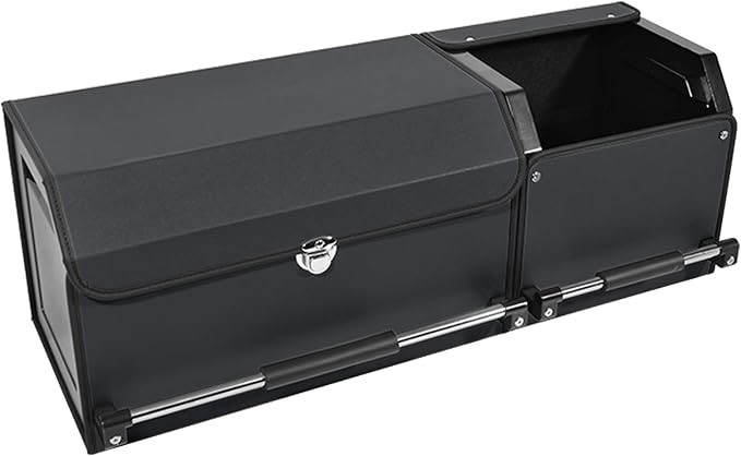 Leather Car Trunk Organizer SUV Trunk Organizer Car Trunk Storage Organizer | Large Trunk Organizer with Lid and Sturdy Handle Car Cargo Storage Box (Black, 33 x 11.4 x 12.2in)