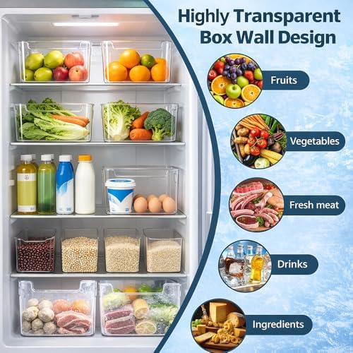 Crystal Clear Freezer Storage Bins, Clear Plastic Bins Stackable Pantry Drawer Plastic Organizers Containers with Handle for Refrigerator Fridge Cabinet Kitchen Countertops Cupboard (Green S, 2Pcs)