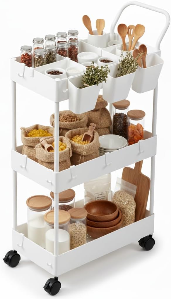 danpinera Storage Cart on Wheels, 3 Tier Slim Laundry with Wheels Bathroom Organizer with Hanging Cups Hooks Dividers Handle Mobile Rolling Art Cart for Bathroom Kitchen Narrow Places, White