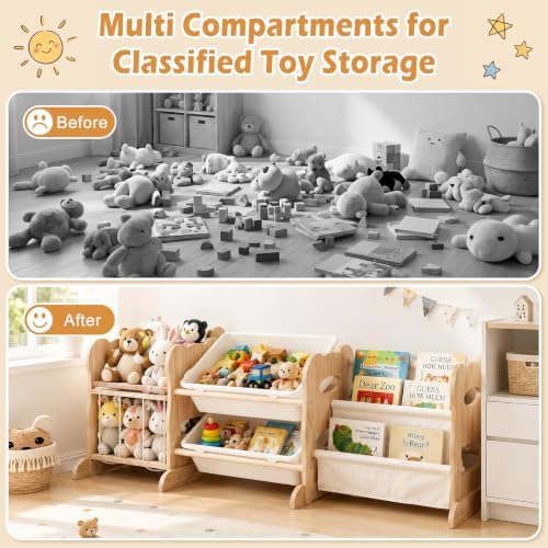 Toy Storage Organizer with 2 Shelves, 2 Bins and Stuffed Animal Storage, Playroom Toy Organizer Cabinet for Bedroom Decor, 46.3'' L