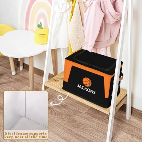 Custom Storage Basket with Zipper Lid, Basketball Sport Ball Foldable Fabric Storage Boxes Decorative Closet Shelves Clothes Organizer Container Cubes with Handle 1PCS